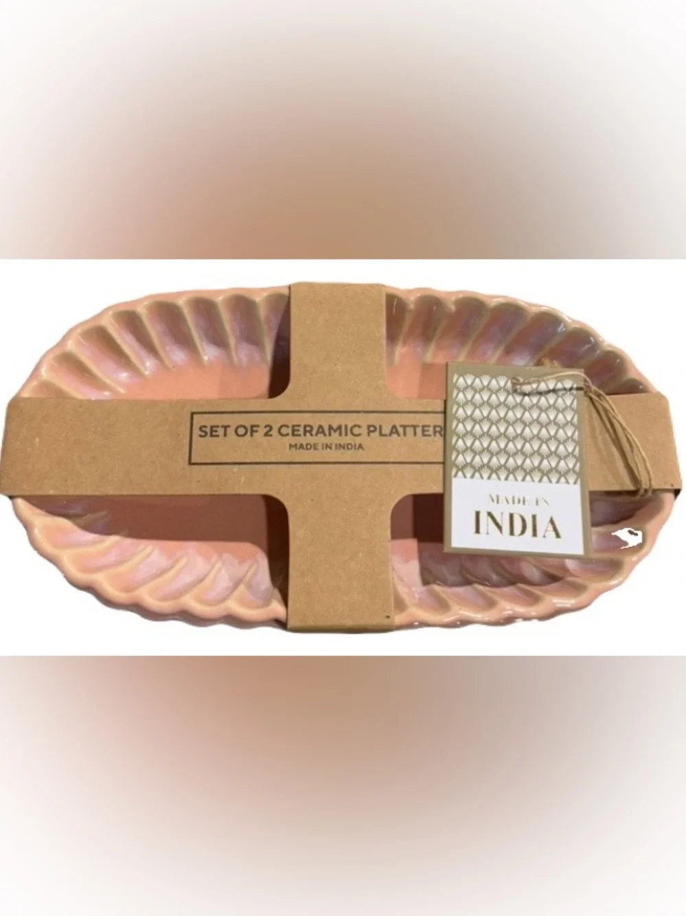 MADE IN INDIA NWT 2pc scallop oval ceramic platters -pink